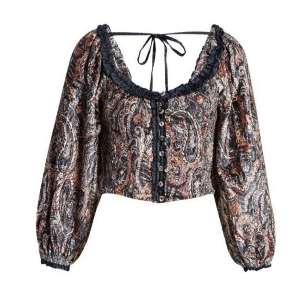 FREE PEOPLE DARE ME BLOUSE VELVET CROPPED PAISLEY BLACK COMBO SIZE S-NWOT